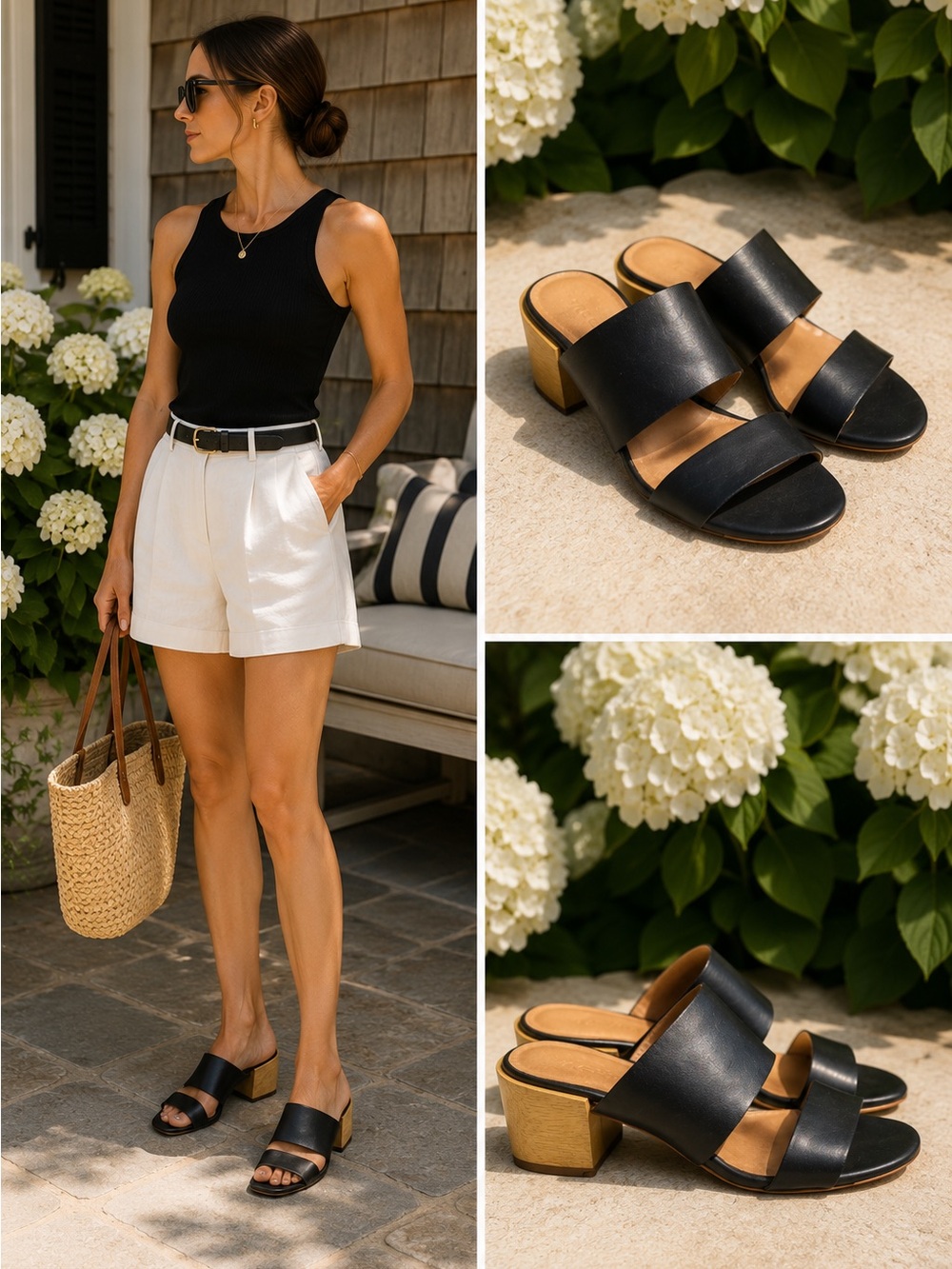 Madewell Black Leather Wood Block Heel Sandals Minimalist Slides Size 6.5